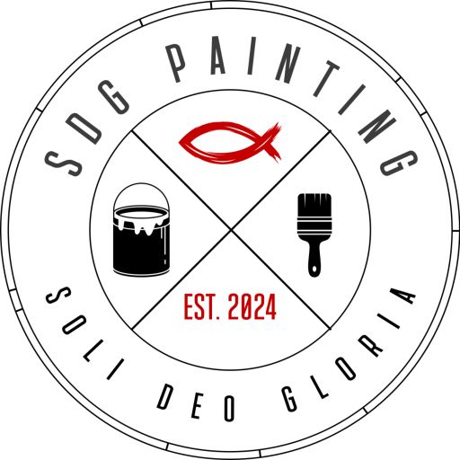 SDG Painting Company Logo - Solo Deo Gloria - A circle with an X intersecting four quadrants, top one holds a Red Fish facing left, one to the left is a paint bucket, and one to the right is a paintbrush icon, and the bottom one reads EST. 2024